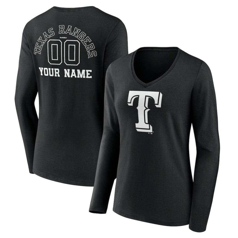 Texas Rangers Women's Monochrome Personalized Name & Number Long Sleeve V-Neck T-Shirt - Black