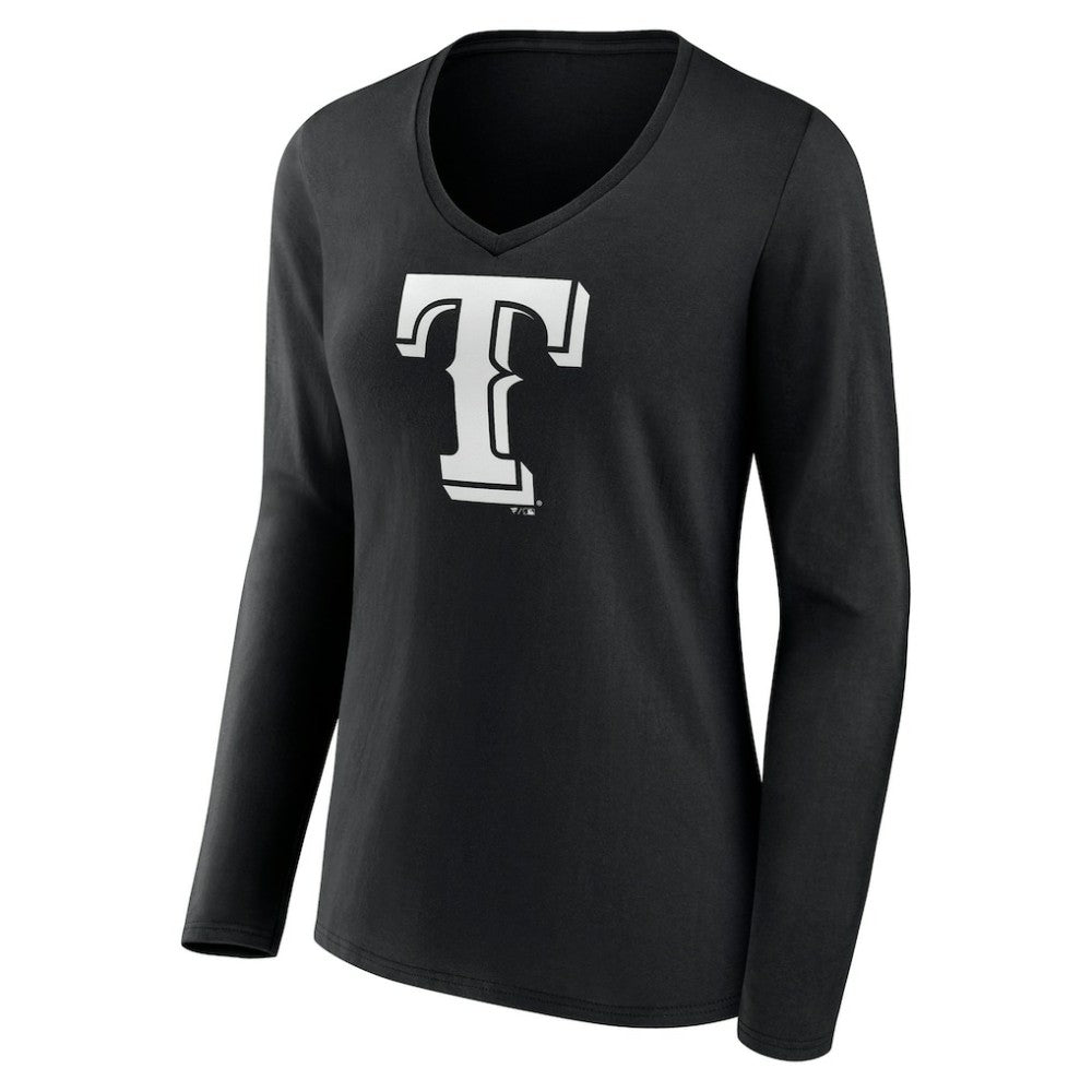Texas Rangers Women's Monochrome Personalized Name & Number Long Sleeve V-Neck T-Shirt - Black