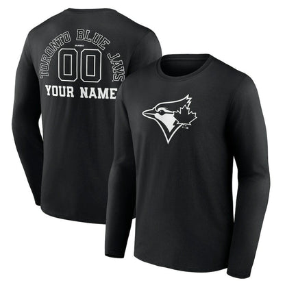 Toronto Blue Jays Monochrome Personalized Name & Number Long Sleeve T-Shirt - Black