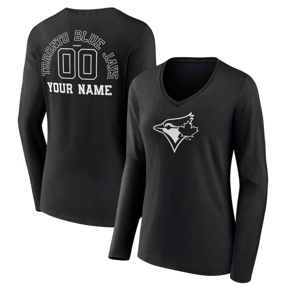 Toronto Blue Jays Women's Monochrome Personalized Name & Number Long Sleeve V-Neck T-Shirt - Black