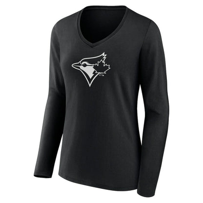 Toronto Blue Jays Women's Monochrome Personalized Name & Number Long Sleeve V-Neck T-Shirt - Black