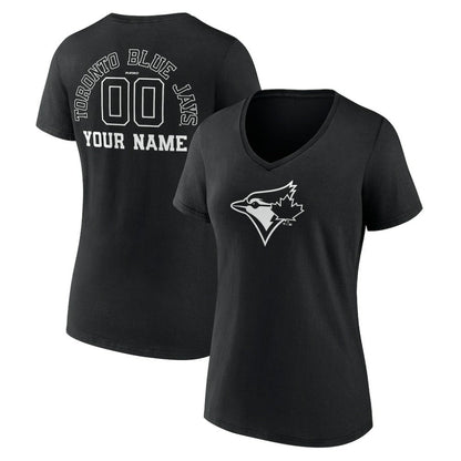 Toronto Blue Jays Women's Monochrome Personalized Name & Number V-Neck T-Shirt - Black