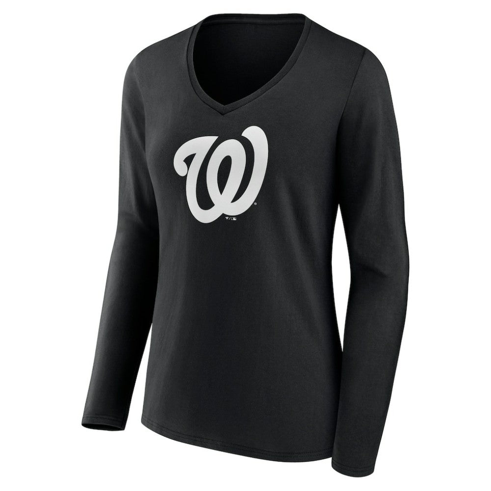 Washington Nationals Women's Monochrome Personalized Name & Number Long Sleeve V-Neck T-Shirt - Black