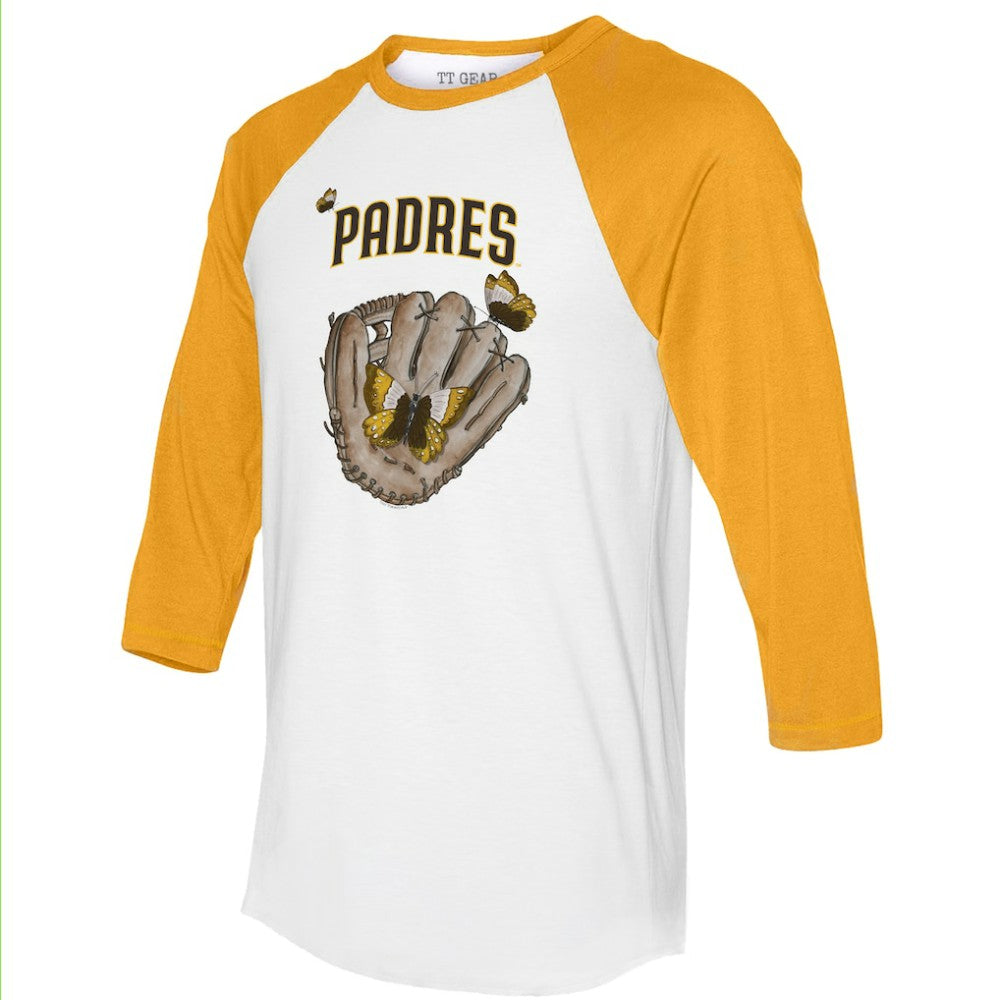 San Diego Padres Tiny Turnip Unisex Butterfly Glove 3/4-Sleeve Raglan T-Shirt - White/Gold