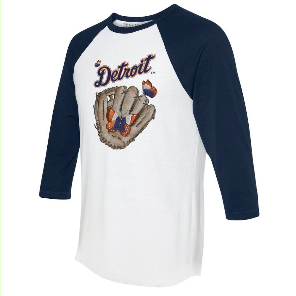Detroit Tigers Tiny Turnip Unisex Butterfly Glove 3/4-Sleeve Raglan T-Shirt - White/Navy