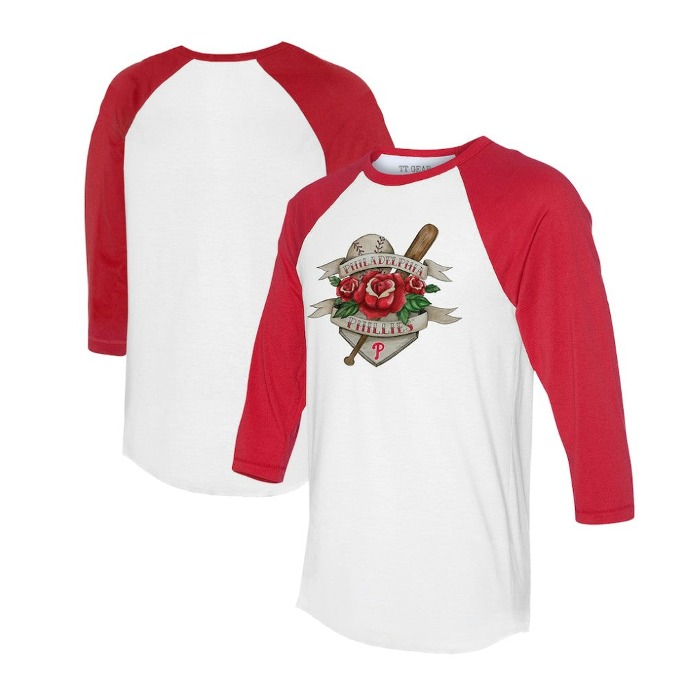 Philadelphia Phillies Tiny Turnip Unisex Tattoo Rose 3/4-Sleeve Raglan T-Shirt - White/Red
