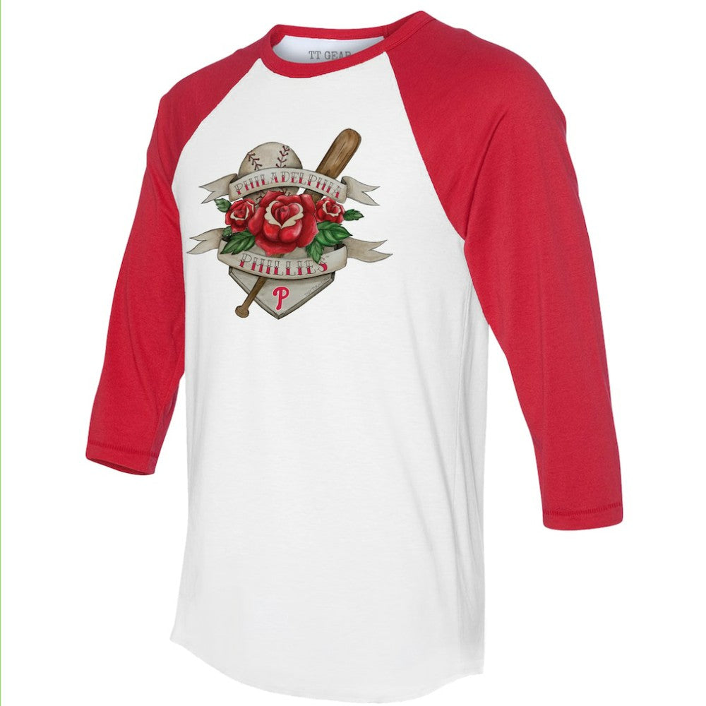 Philadelphia Phillies Tiny Turnip Unisex Tattoo Rose 3/4-Sleeve Raglan T-Shirt - White/Red