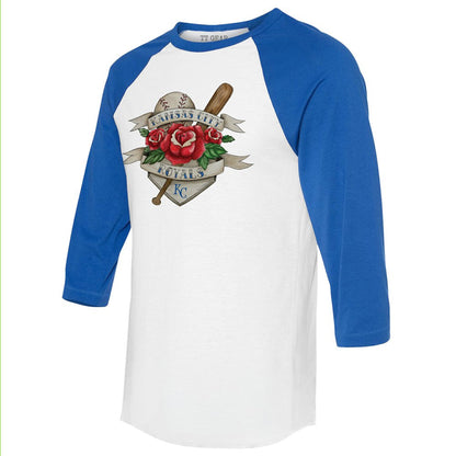 Kansas City Royals Tiny Turnip Unisex Tattoo Rose 3/4-Sleeve Raglan T-Shirt - White/Royal