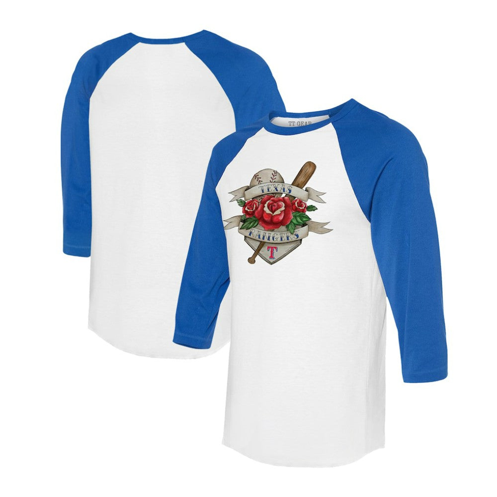 Texas Rangers Tiny Turnip Unisex Tattoo Rose 3/4-Sleeve Raglan T-Shirt - White/Royal