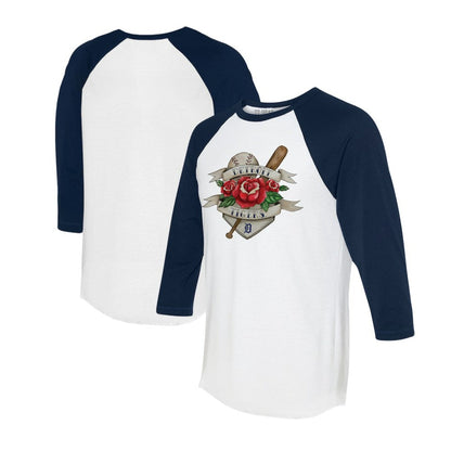 Detroit Tigers Tiny Turnip Unisex Tattoo Rose 3/4-Sleeve Raglan T-Shirt - White/Navy