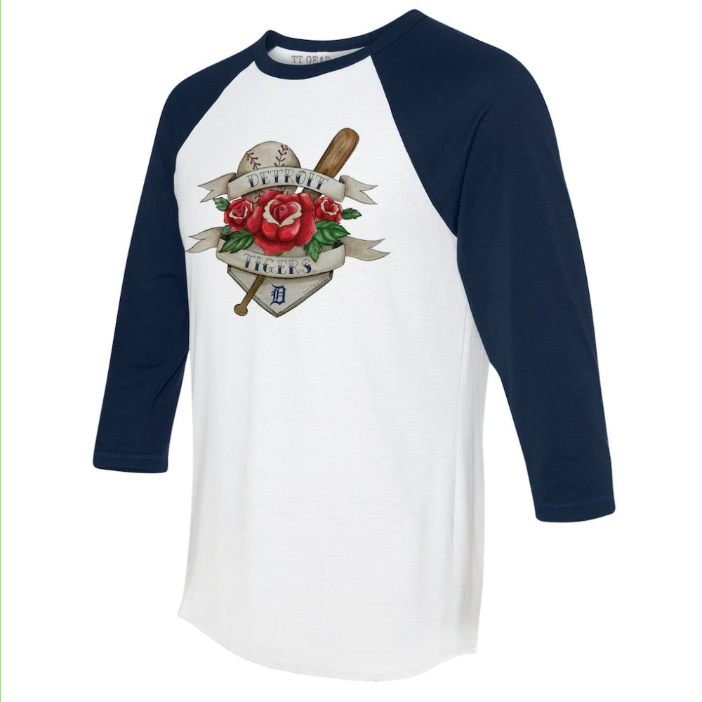 Detroit Tigers Tiny Turnip Unisex Tattoo Rose 3/4-Sleeve Raglan T-Shirt - White/Navy