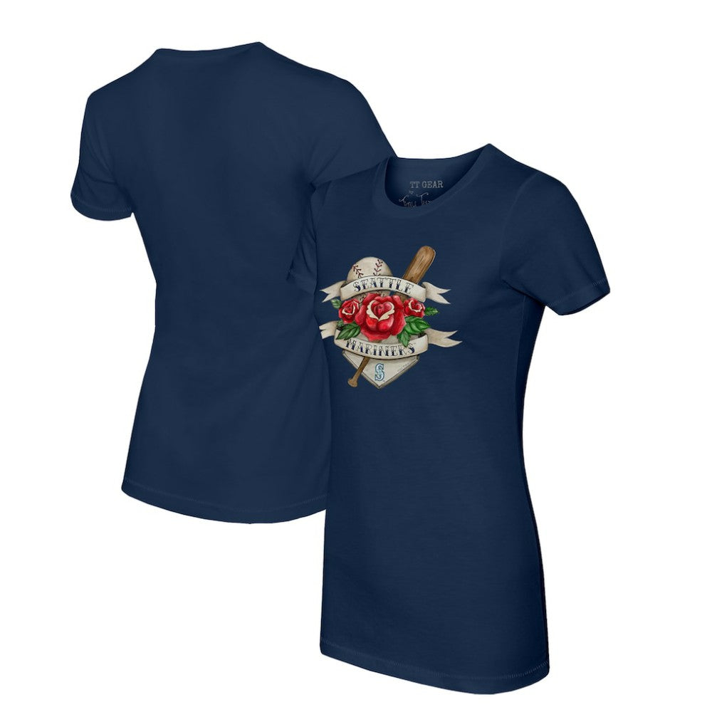 Seattle Mariners Tiny Turnip Women's Tattoo Rose T-Shirt - Navy