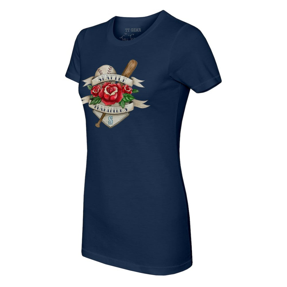 Seattle Mariners Tiny Turnip Women's Tattoo Rose T-Shirt - Navy