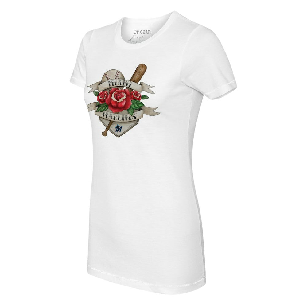 Miami Marlins Tiny Turnip Women's Tattoo Rose T-Shirt - White