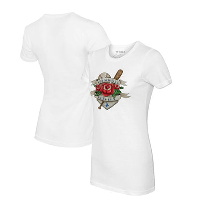 Los Angeles Dodgers Tiny Turnip Women's Tattoo Rose T-Shirt - White