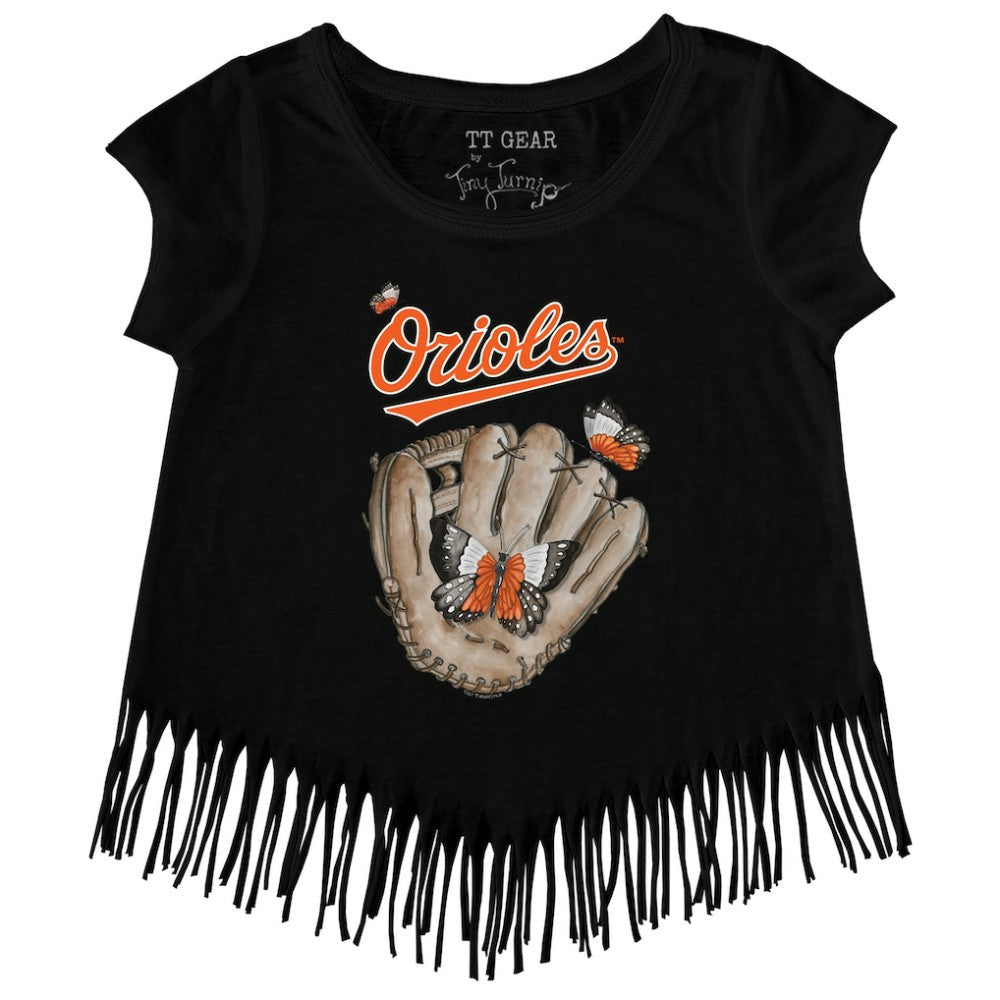 Baltimore Orioles Tiny Turnip Girls Youth Butterfly Glove Fringe T-Shirt - Black