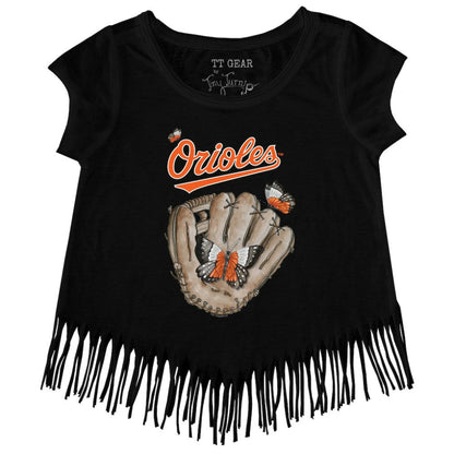 Baltimore Orioles Tiny Turnip Girls Youth Butterfly Glove Fringe T-Shirt - Black