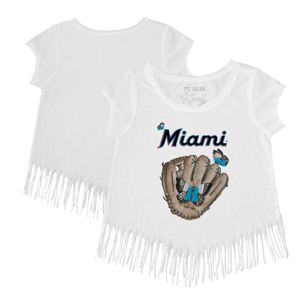 Miami Marlins Tiny Turnip Girls Youth Butterfly Glove Fringe T-Shirt - White