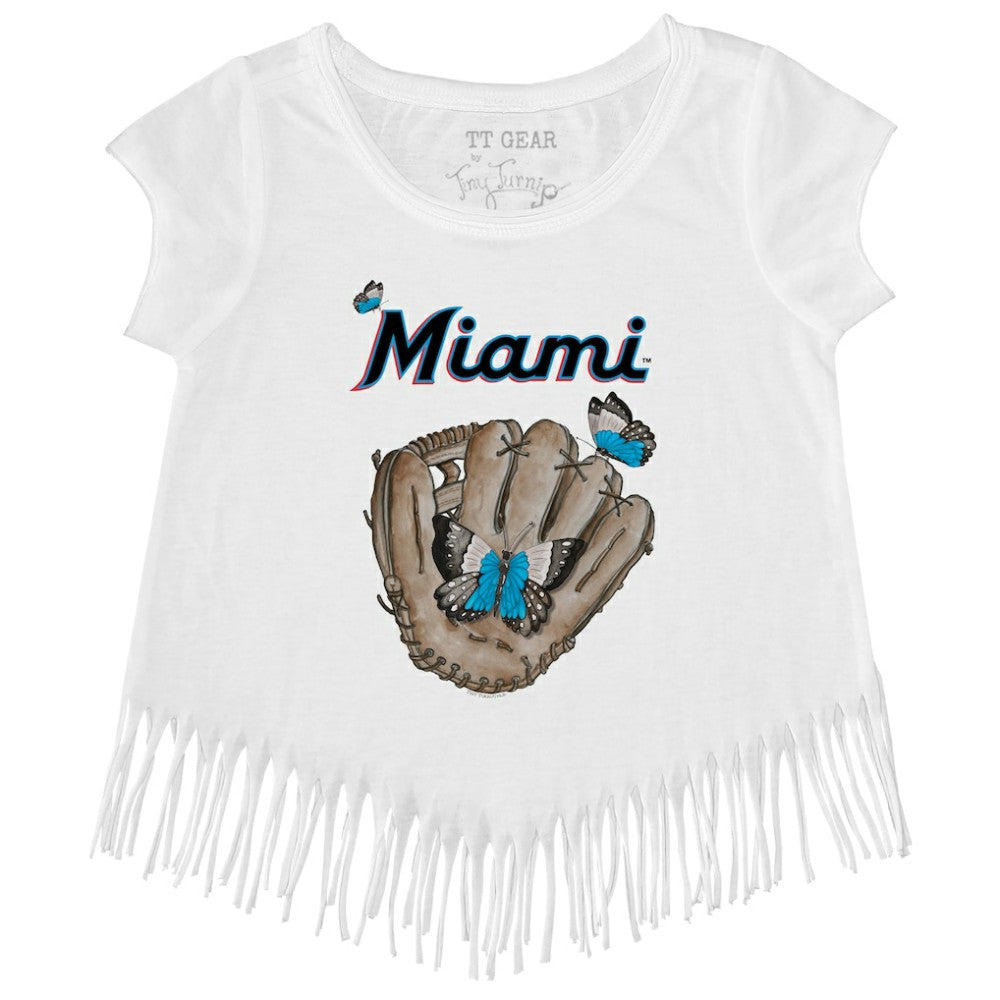 Miami Marlins Tiny Turnip Girls Youth Butterfly Glove Fringe T-Shirt - White