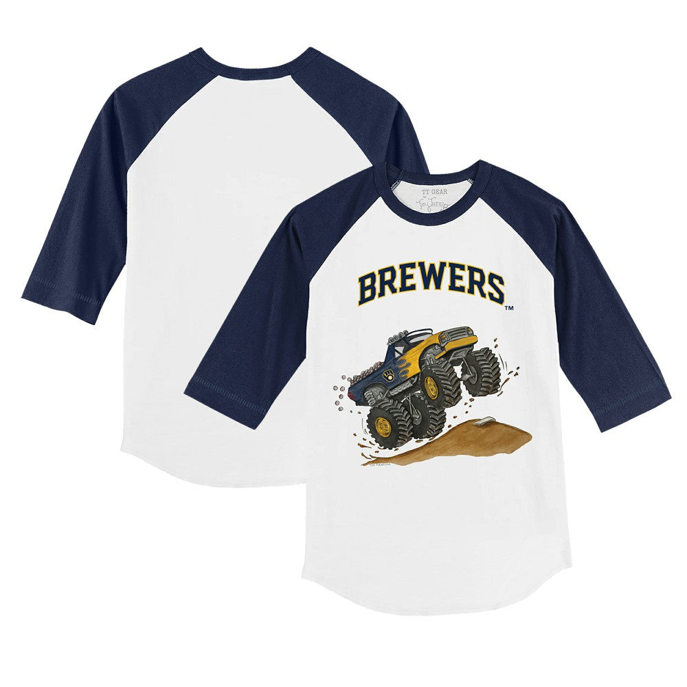 Milwaukee Brewers Tiny Turnip Youth Monster Truck 3/4-Sleeve Raglan T-Shirt - White/Navy