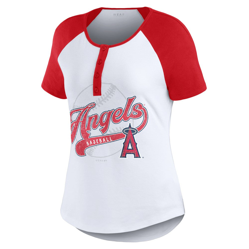 Los Angeles Angels WEAR by Erin Andrews Women's Fitted Henley Raglan T-Shirt - White/Red