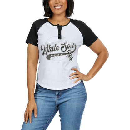 Chicago White Sox WEAR by Erin Andrews Women's Fitted Henley Raglan T-Shirt - White/Black