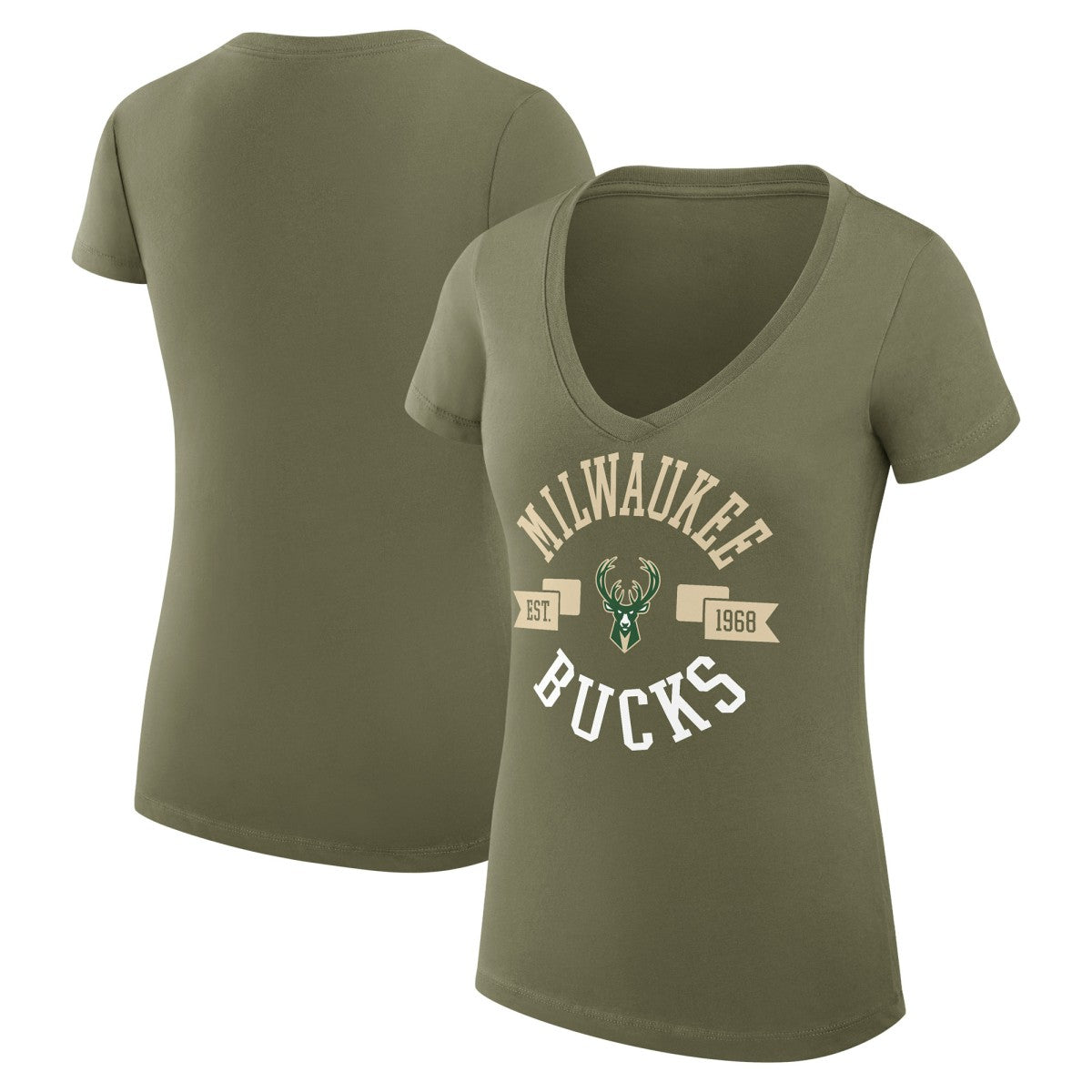 Milwaukee Bucks G-III 4Her by Carl Banks Women's Super-Slim Fit Lightweight Large City Logo V-Neck T-Shirt - Olive outlet