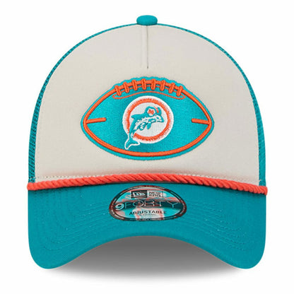 Miami Dolphins New Era 2024 Sideline Historic 9FORTY A-Frame Trucker Adjustable Hat - Stone/Aqua on sale