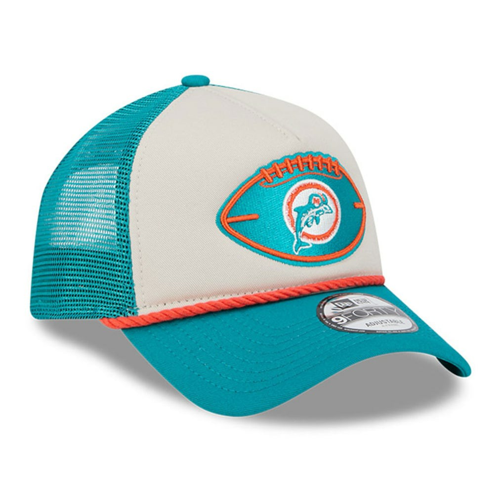Miami Dolphins New Era 2024 Sideline Historic 9FORTY A-Frame Trucker Adjustable Hat - Stone/Aqua on sale