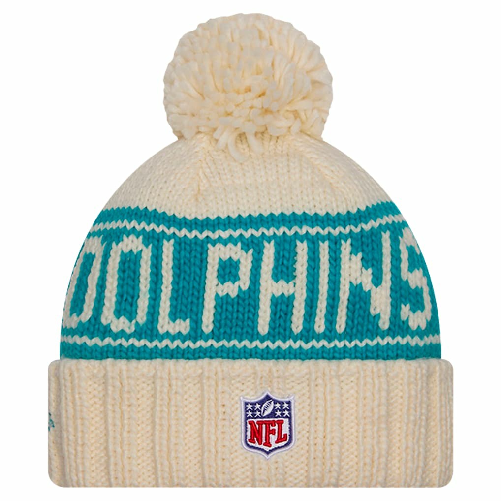 Miami Dolphins New Era Women's 2024 Sideline Cuffed Knit Hat with Pom - Cream outlet