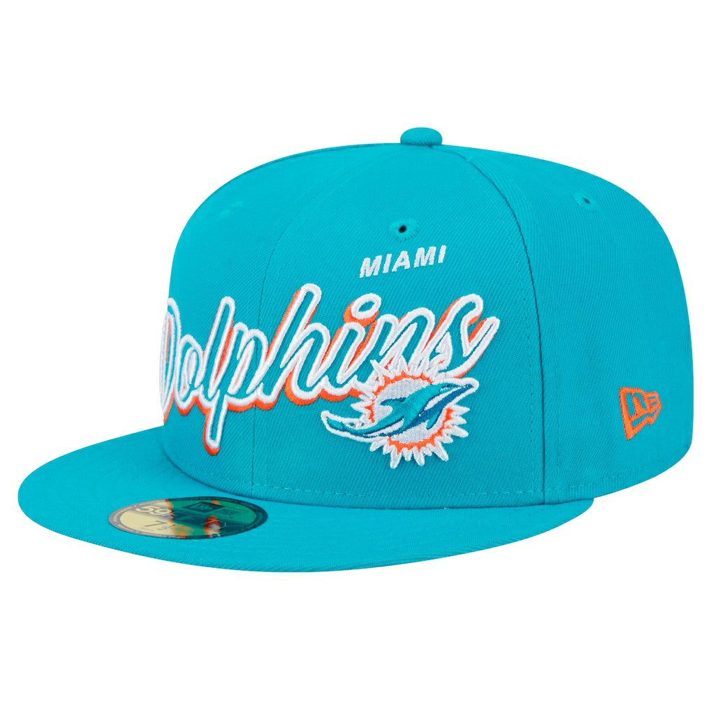 Miami Dolphins New Era Script Sided 59FIFTY Fitted Hat - Aqua online