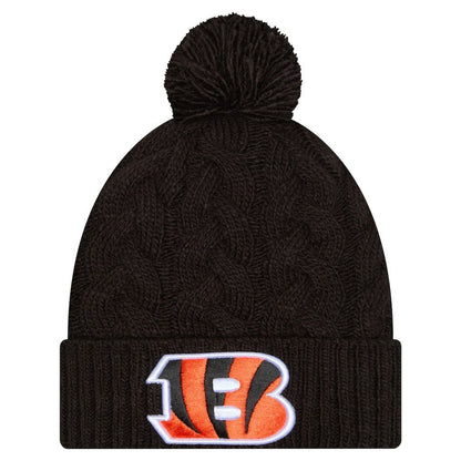 Cincinnati Bengals New Era Girls Youth Cabled Cuffed Knit Hat with Pom - Black for sale