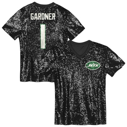 Sauce Gardner New York Jets Girls Youth Sequin V-Neck Fashion Jersey - Black for sale