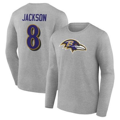 Lamar Jackson Baltimore Ravens Icon Player Name & Number Long Sleeve T-Shirt - Gray outlet