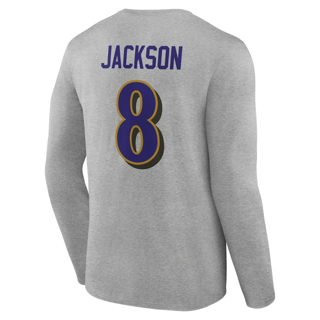 Lamar Jackson Baltimore Ravens Icon Player Name & Number Long Sleeve T-Shirt - Gray outlet