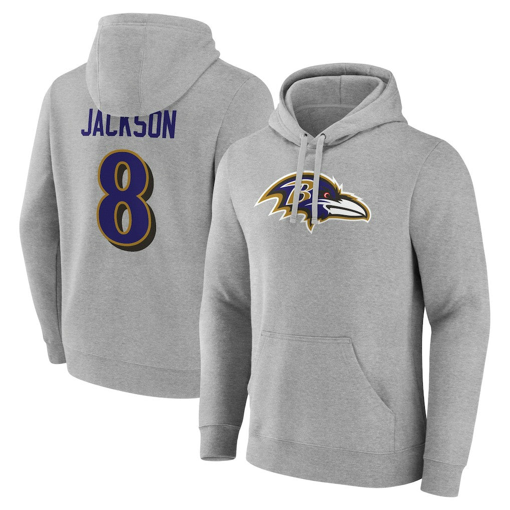 Lamar Jackson Baltimore Ravens Icon Player Name & Number Pullover Hoodie - Gray outlet