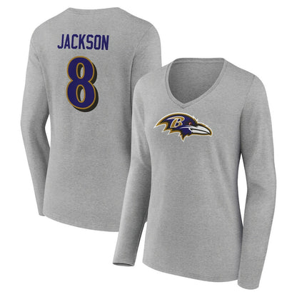 Lamar Jackson Baltimore Ravens Women's Icon Player Name & Number Long Sleeve V-Neck T-Shirt - Gray outlet