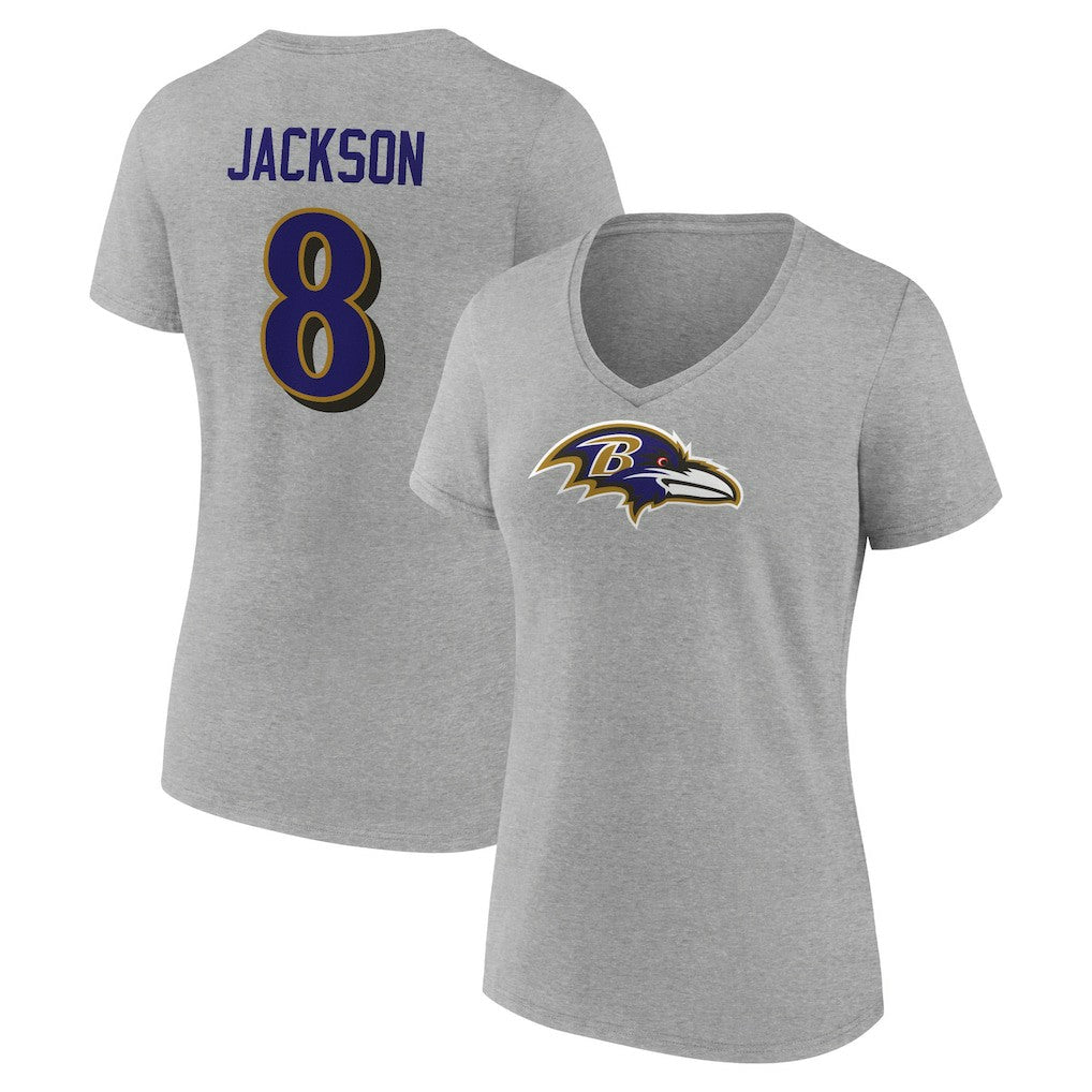 Lamar Jackson Baltimore Ravens Women's Icon Player Name & Number V-Neck T-Shirt - Gray on sale