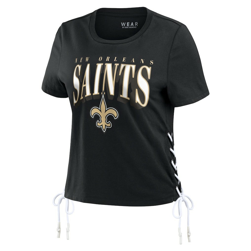 New Orleans Saints WEAR by Erin Andrews Women's Lace Up Side Modest Cropped T-Shirt - Black sale