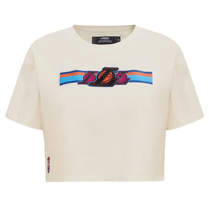 Los Angeles Lakers Pro Standard Women's Retro Striper SJ Cropped Boxy T-Shirt - Cream for sale