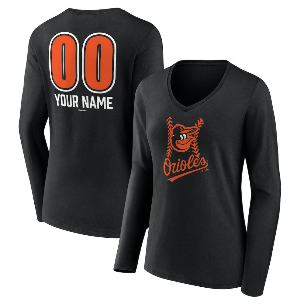 Baltimore Orioles Women's Personalized Name & Number Fastball Long Sleeve V-Neck T-Shirt - Black