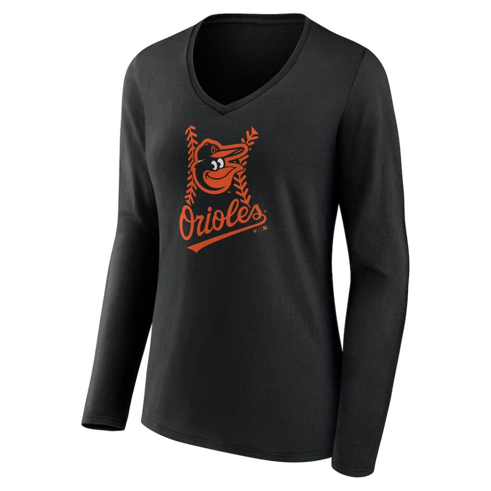 Baltimore Orioles Women's Personalized Name & Number Fastball Long Sleeve V-Neck T-Shirt - Black