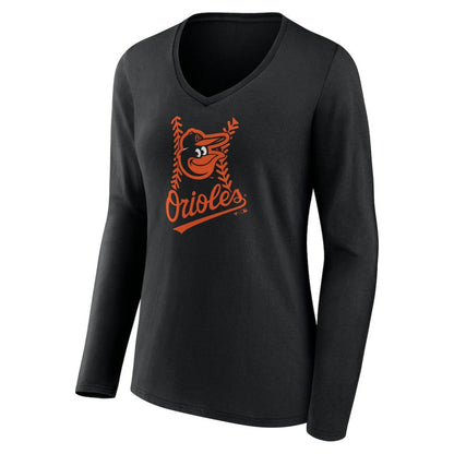 Baltimore Orioles Women's Personalized Name & Number Fastball Long Sleeve V-Neck T-Shirt - Black