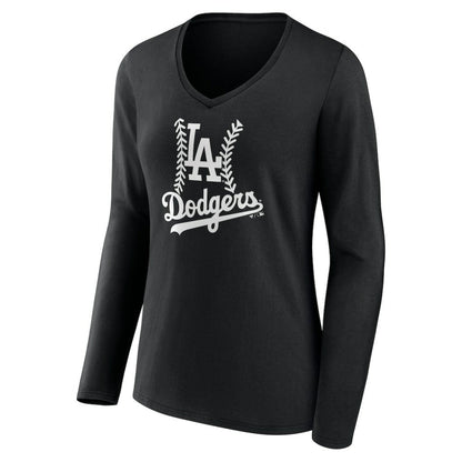 Los Angeles Dodgers Women's Personalized Name & Number Fastball Long Sleeve V-Neck T-Shirt - Black