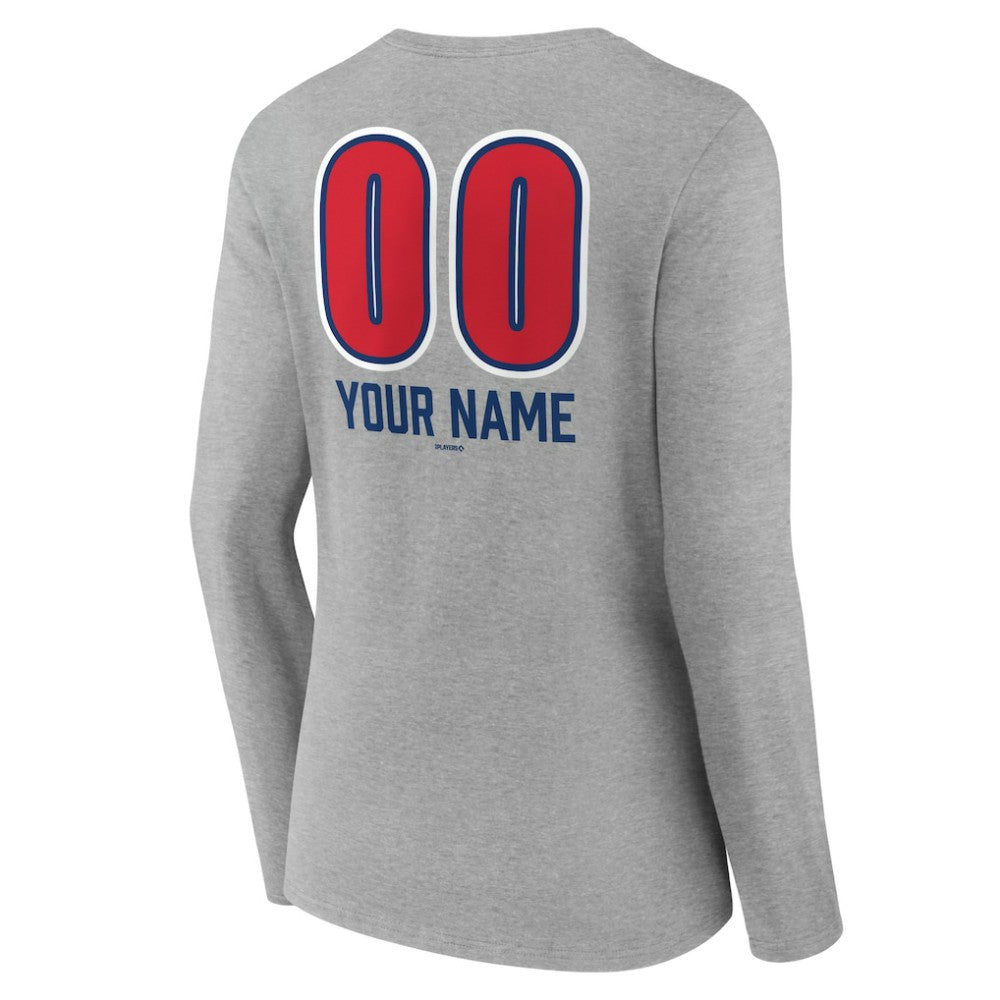 Chicago Cubs Women's Personalized Name & Number Fastball Long Sleeve V-Neck T-Shirt - Gray