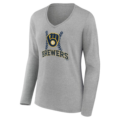 Milwaukee Brewers Women's Personalized Name & Number Fastball Long Sleeve V-Neck T-Shirt - Gray
