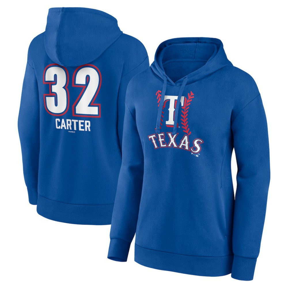 Evan Carter Texas Rangers Women's Fastball Player Name & Number Pullover Hoodie - Royal