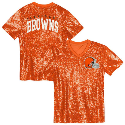 Cleveland Browns Girls Youth Wordmark Sequin V-Neck Top - Orange discount