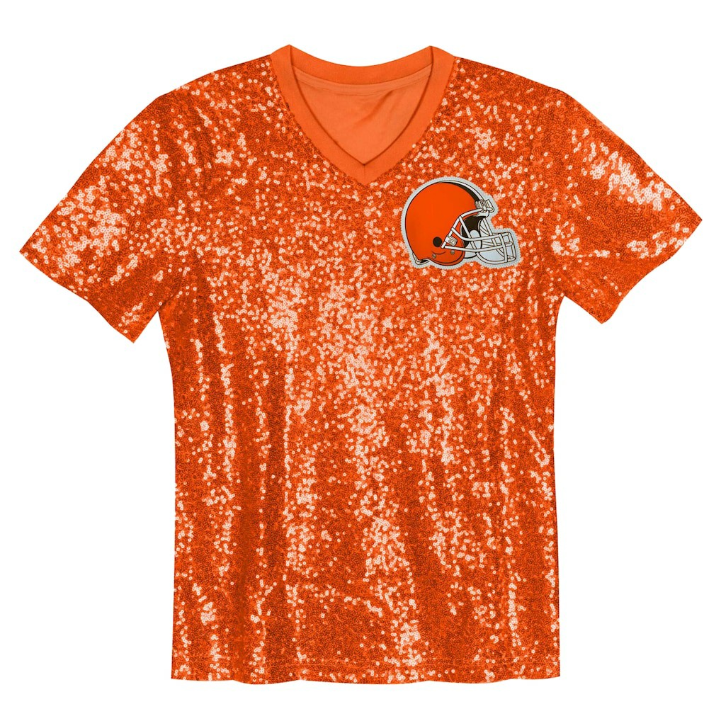 Cleveland Browns Girls Youth Wordmark Sequin V-Neck Top - Orange discount