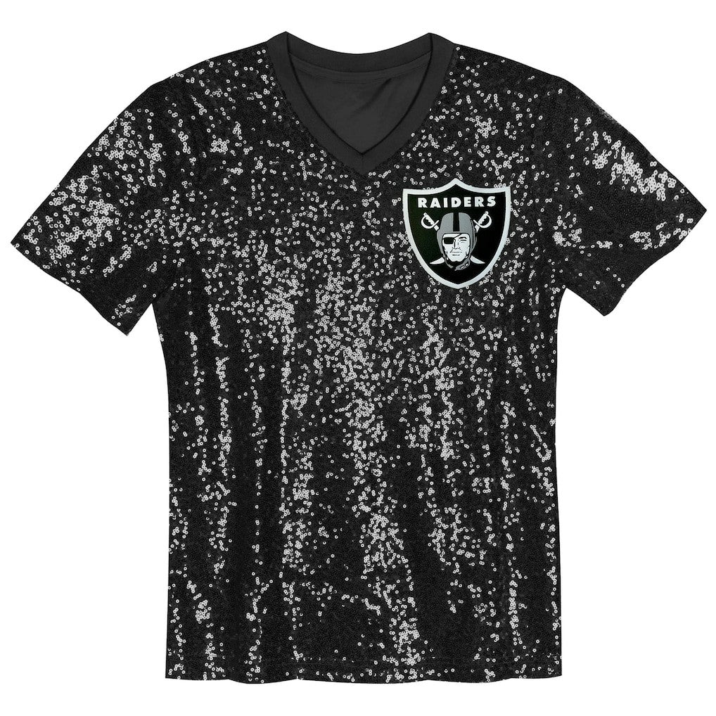 Las Vegas Raiders Girls Youth Wordmark Sequin V-Neck Top - Black cheap